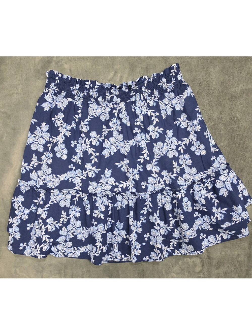 J. Crew Women's Floral Tiered Mini Skirt Smocked Waist Blue White Cotton Size M
